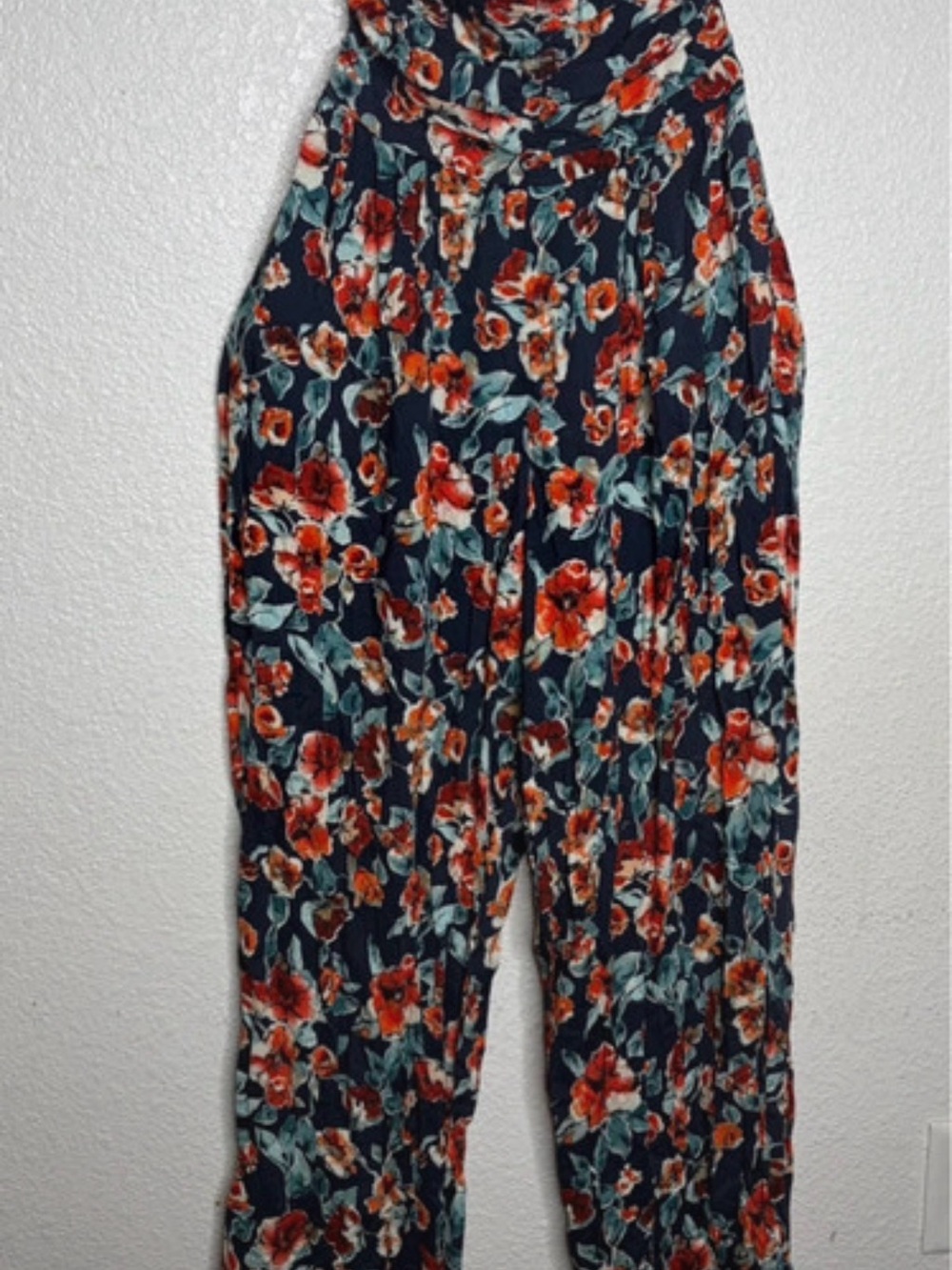 Navy Floral Wide-Leg Jumpsuit with Red Blooms